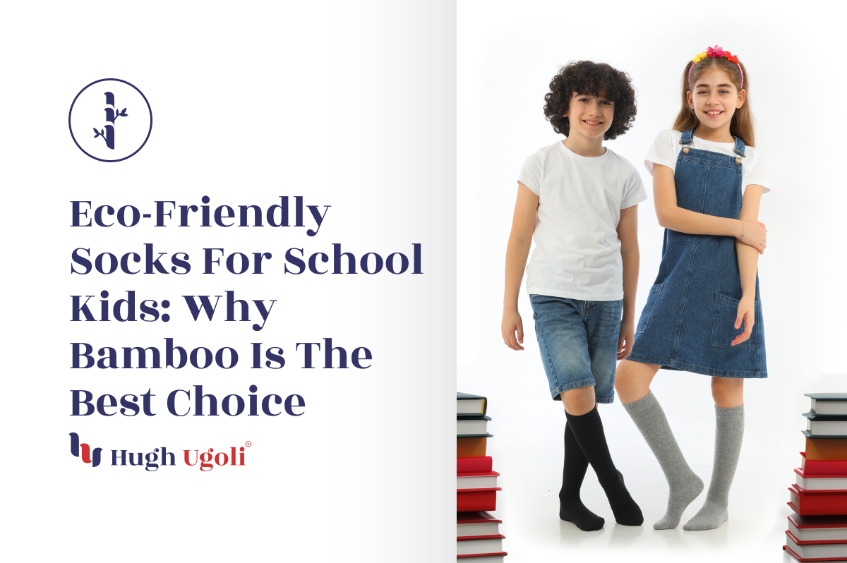Two smiling children standing side by side in casual clothing, both wearing bamboo socks.